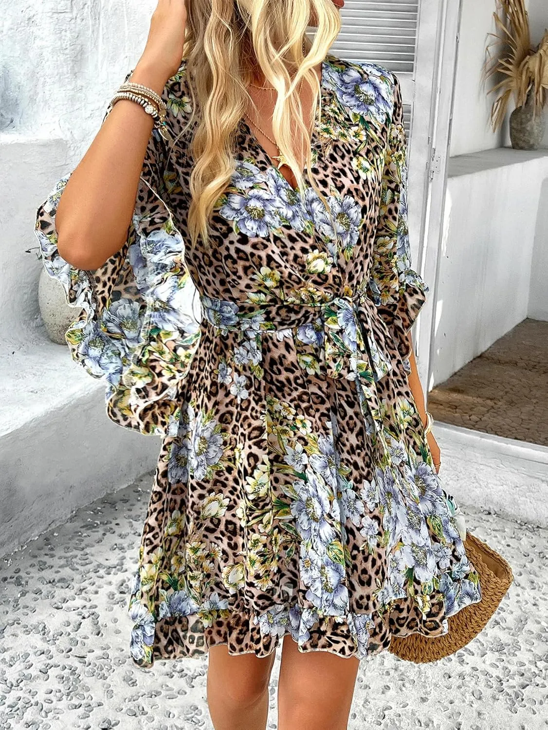 Women's Boho Floral V Neck Ruffled Swing Dress for Party
