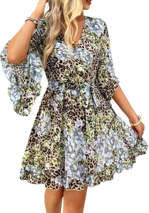 Women's Boho Floral V Neck Ruffled Swing Dress for Party
