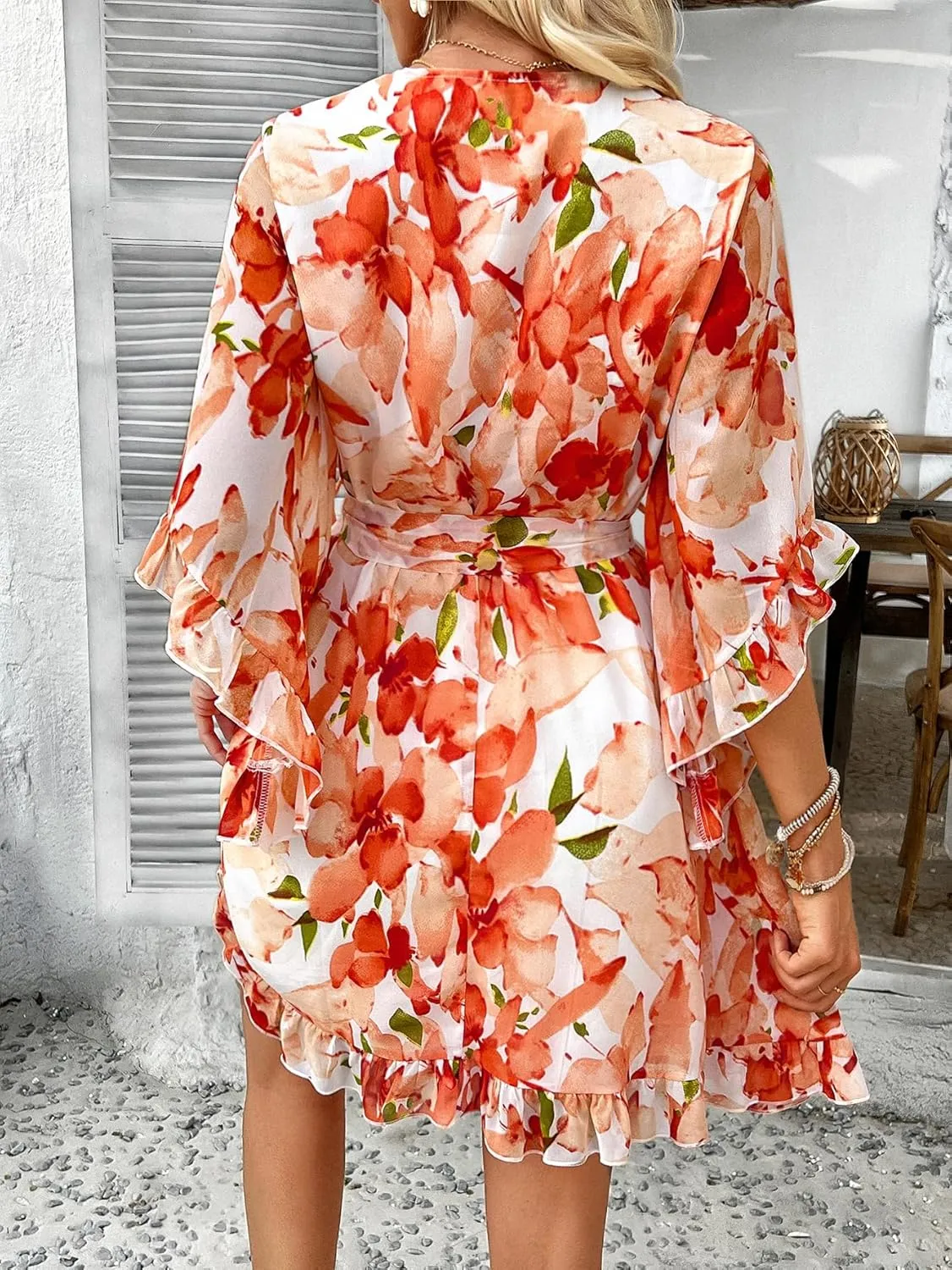 Women's Boho Floral V Neck Ruffled Swing Dress for Party