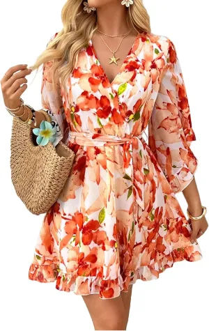 Women's Boho Floral V Neck Ruffled Swing Dress for Party