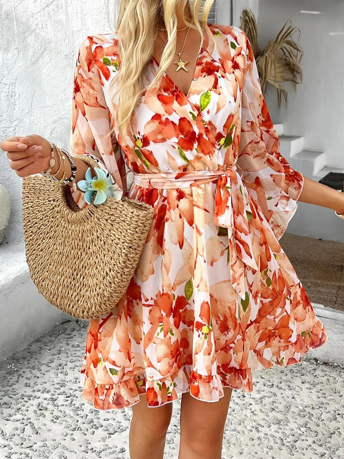Women's Boho Floral V Neck Ruffled Swing Dress for Party