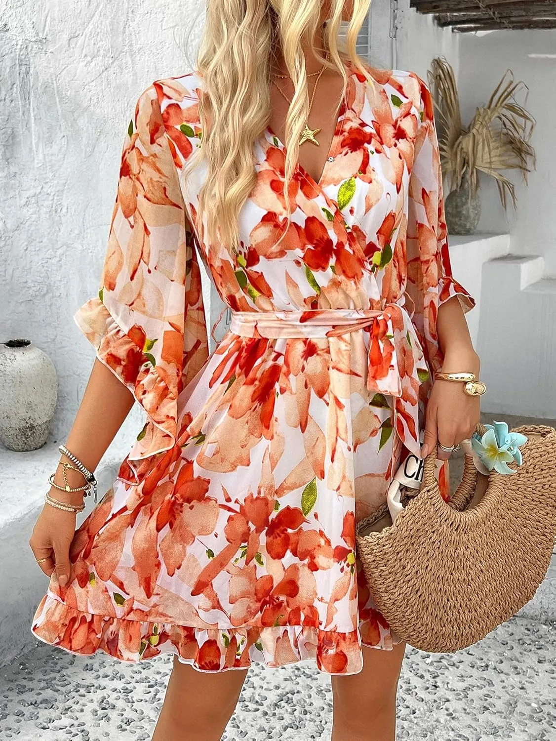 Women's Boho Floral V Neck Ruffled Swing Dress for Party