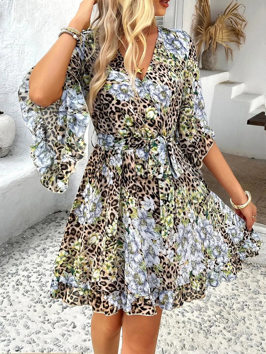 Women's Boho Floral V Neck Ruffled Swing Dress for Party
