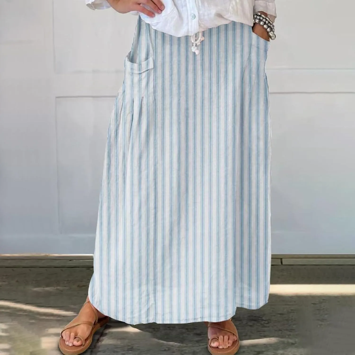 Women’s Boho Linen Skirts Swing A-Line Maxi Skirt Fashion Elastic Waist Pleated Long Beach Outfits Dress with Pockets