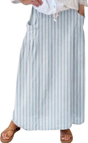 Women’s Boho Linen Skirts Swing A-Line Maxi Skirt Fashion Elastic Waist Pleated Long Beach Outfits Dress with Pockets