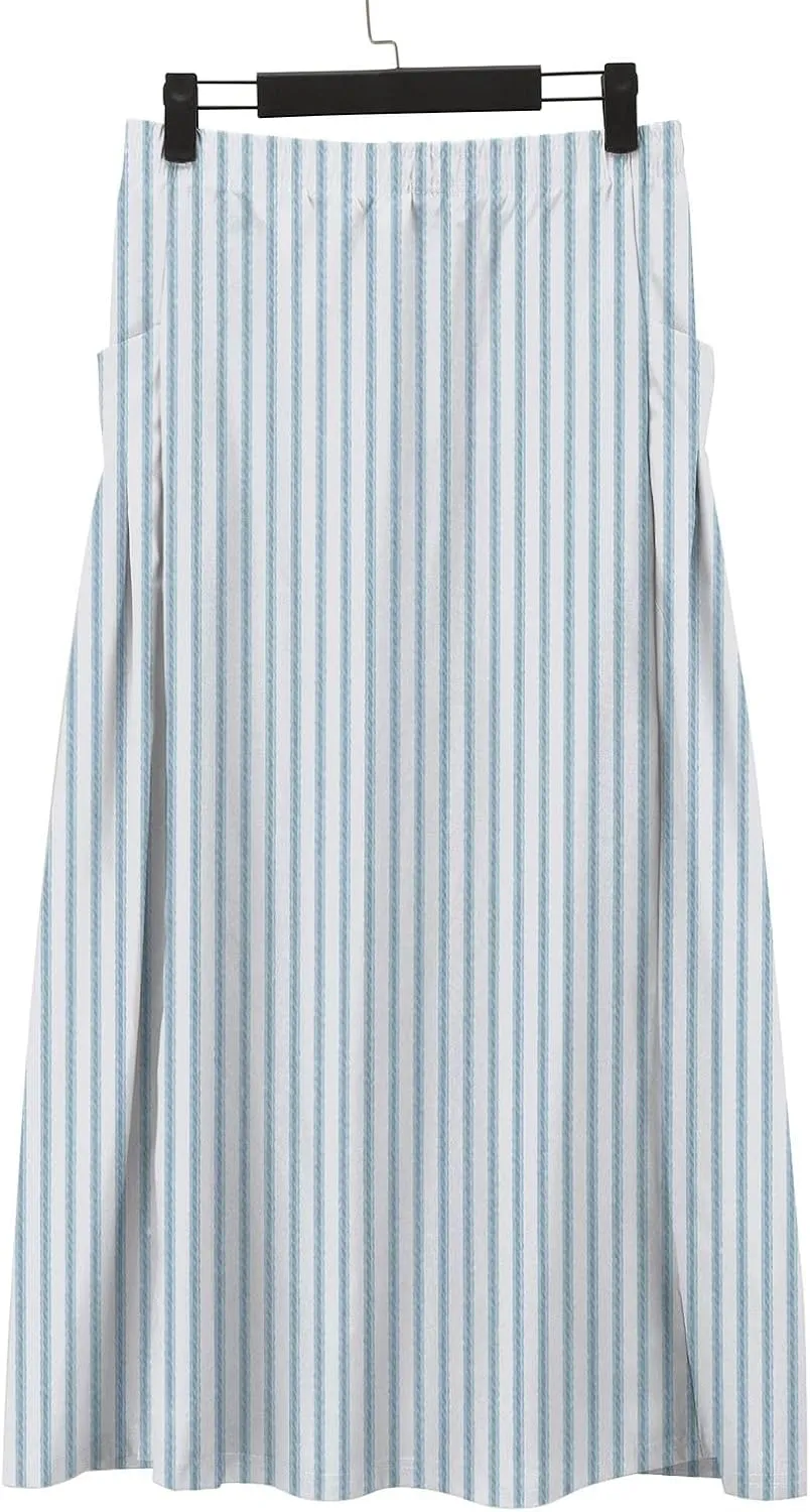 Women’s Boho Linen Skirts Swing A-Line Maxi Skirt Fashion Elastic Waist Pleated Long Beach Outfits Dress with Pockets
