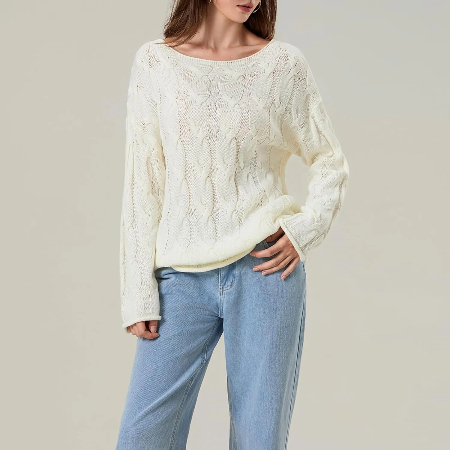 Womens Cable Knitted Sweaters Hollow Long Sleeve Scoop Neck Loose Pullovers Tops Fall Winter Casual Streetwear Outfits