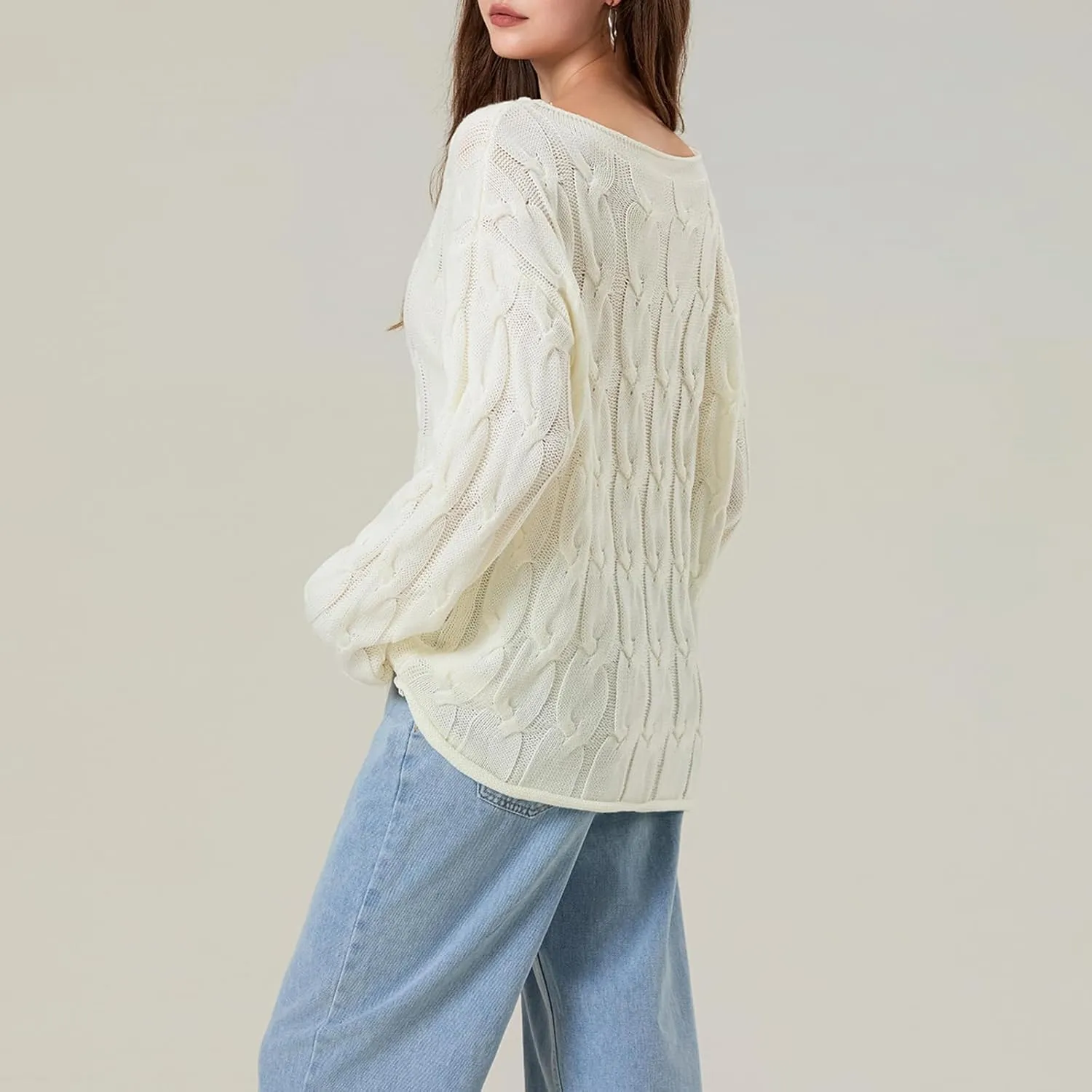 Womens Cable Knitted Sweaters Hollow Long Sleeve Scoop Neck Loose Pullovers Tops Fall Winter Casual Streetwear Outfits