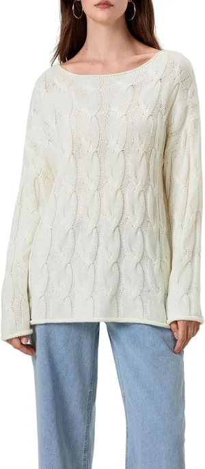 Womens Cable Knitted Sweaters Hollow Long Sleeve Scoop Neck Loose Pullovers Tops Fall Winter Casual Streetwear Outfits