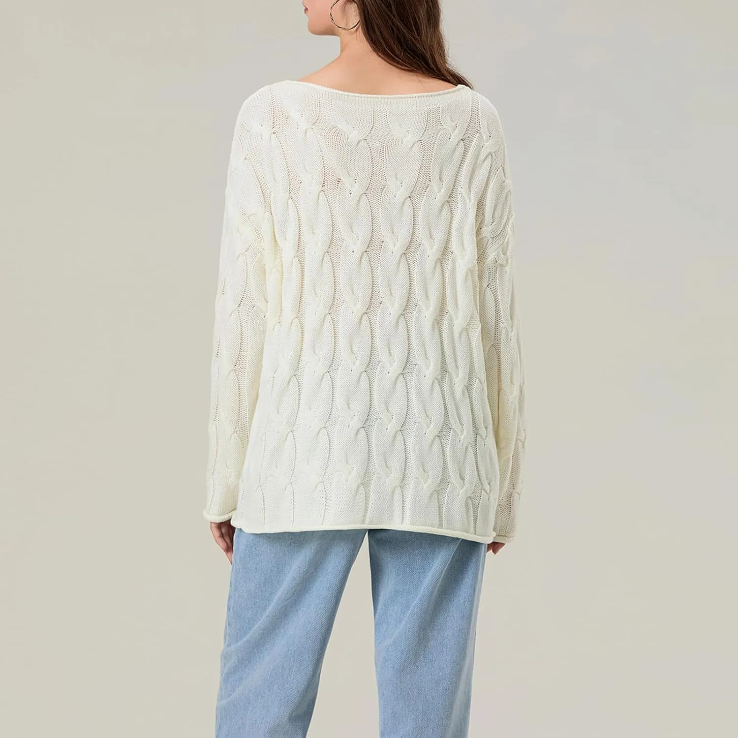 Womens Cable Knitted Sweaters Hollow Long Sleeve Scoop Neck Loose Pullovers Tops Fall Winter Casual Streetwear Outfits