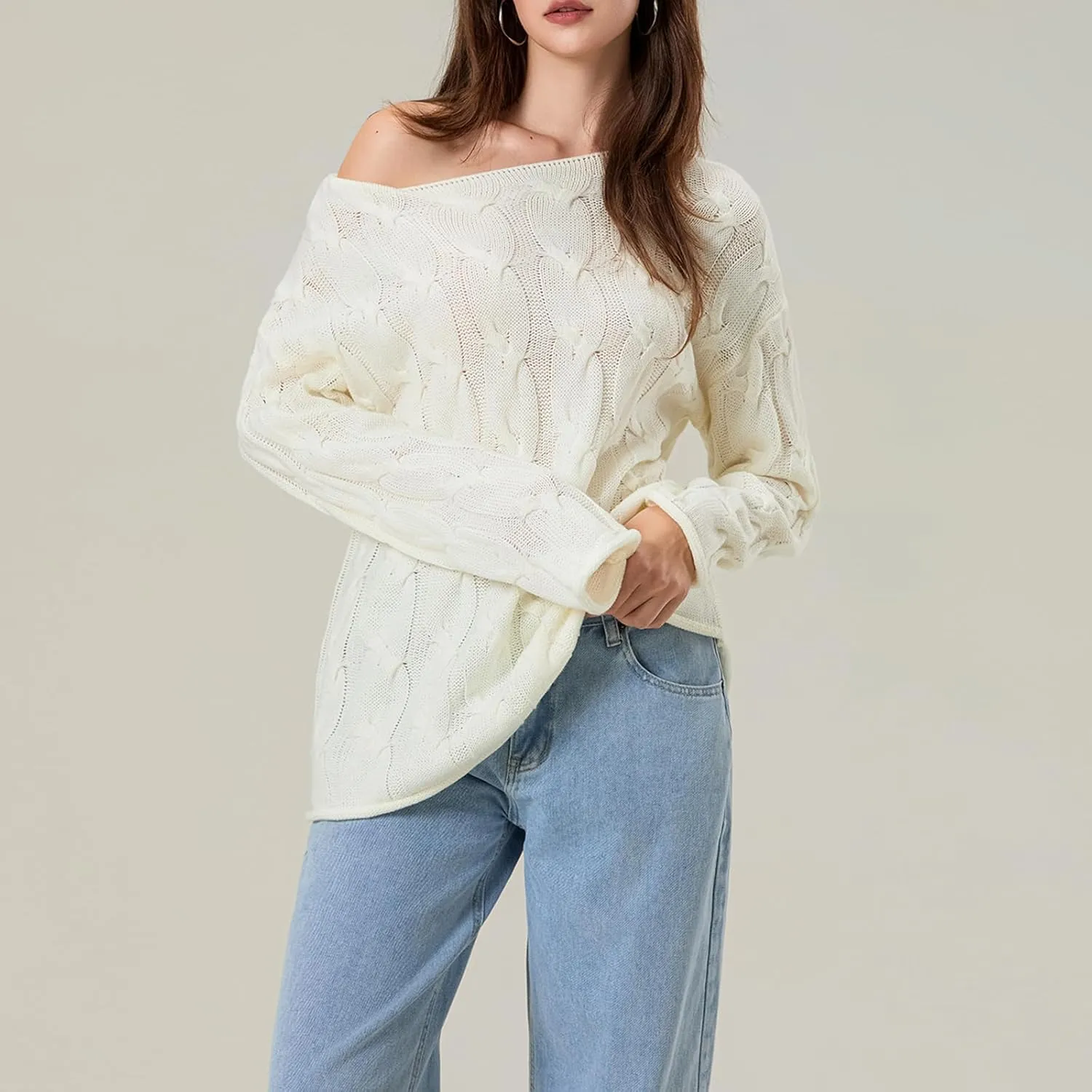 Womens Cable Knitted Sweaters Hollow Long Sleeve Scoop Neck Loose Pullovers Tops Fall Winter Casual Streetwear Outfits