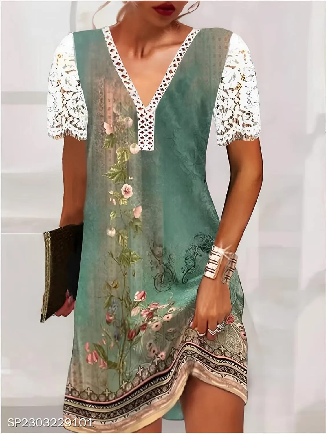 Women's Casual Summer Lace V Neck Floral Shift Dress Lace Short Sleeve Midi Dresses Sundress