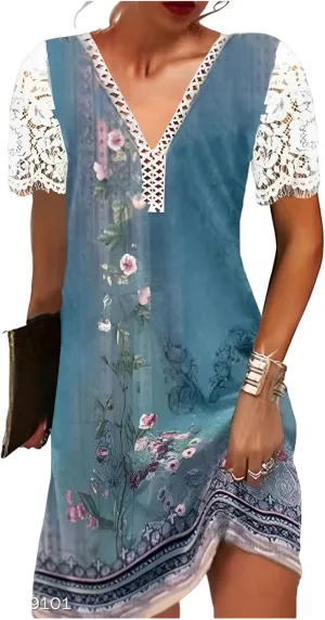 Women's Casual Summer Lace V Neck Floral Shift Dress Lace Short Sleeve Midi Dresses Sundress
