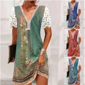 Women's Casual Summer Lace V Neck Floral Shift Dress Lace Short Sleeve Midi Dresses Sundress