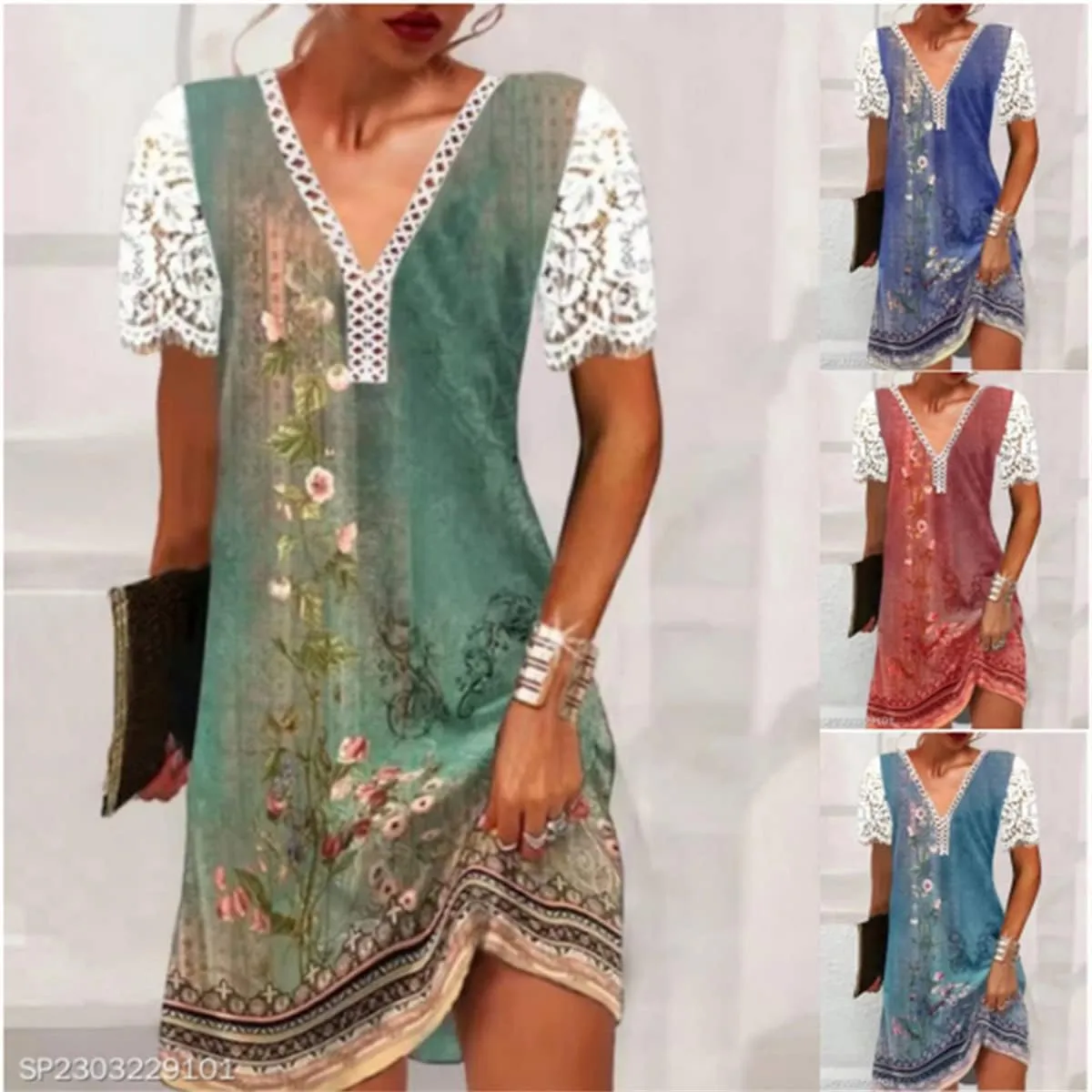 Women's Casual Summer Lace V Neck Floral Shift Dress Lace Short Sleeve Midi Dresses Sundress