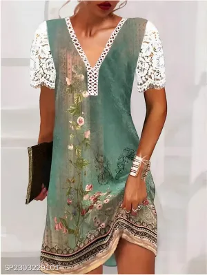 Women's Casual Summer Lace V Neck Floral Shift Dress Lace Short Sleeve Midi Dresses Sundress
