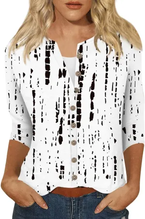Women's Casual V-Neck 3/4 Sleeve Button Down Floral Print Blouse Top for Spring and Summer Fashion Outfit 2025 Fashion