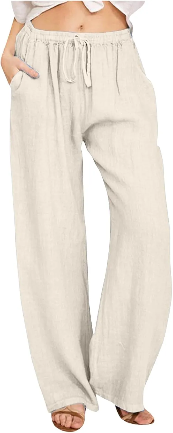 Women's Cotton and Linen Pants Dressy Loose High Waist Ruched Wide Leg Yoga Palazzo Pant Trousers with Pocket