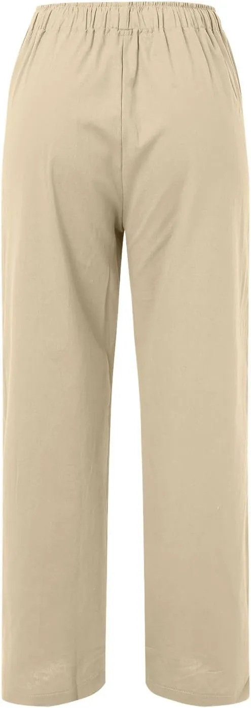 Women's Cotton and Linen Pants Dressy Loose High Waist Ruched Wide Leg Yoga Palazzo Pant Trousers with Pocket