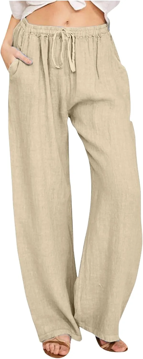 Women's Cotton and Linen Pants Dressy Loose High Waist Ruched Wide Leg Yoga Palazzo Pant Trousers with Pocket