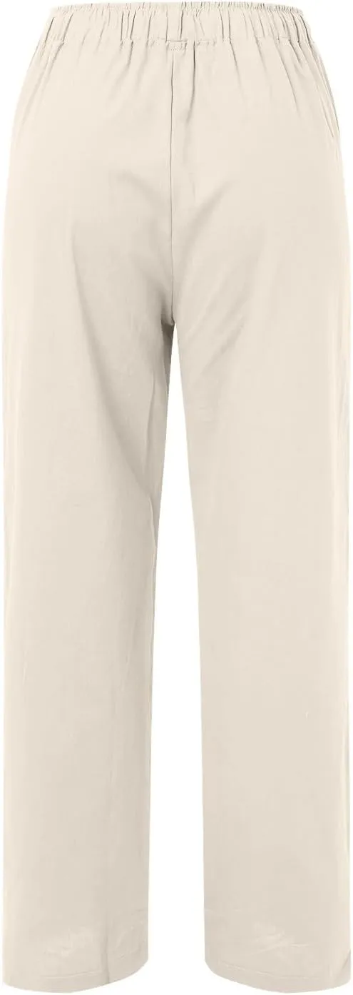 Women's Cotton and Linen Pants Dressy Loose High Waist Ruched Wide Leg Yoga Palazzo Pant Trousers with Pocket