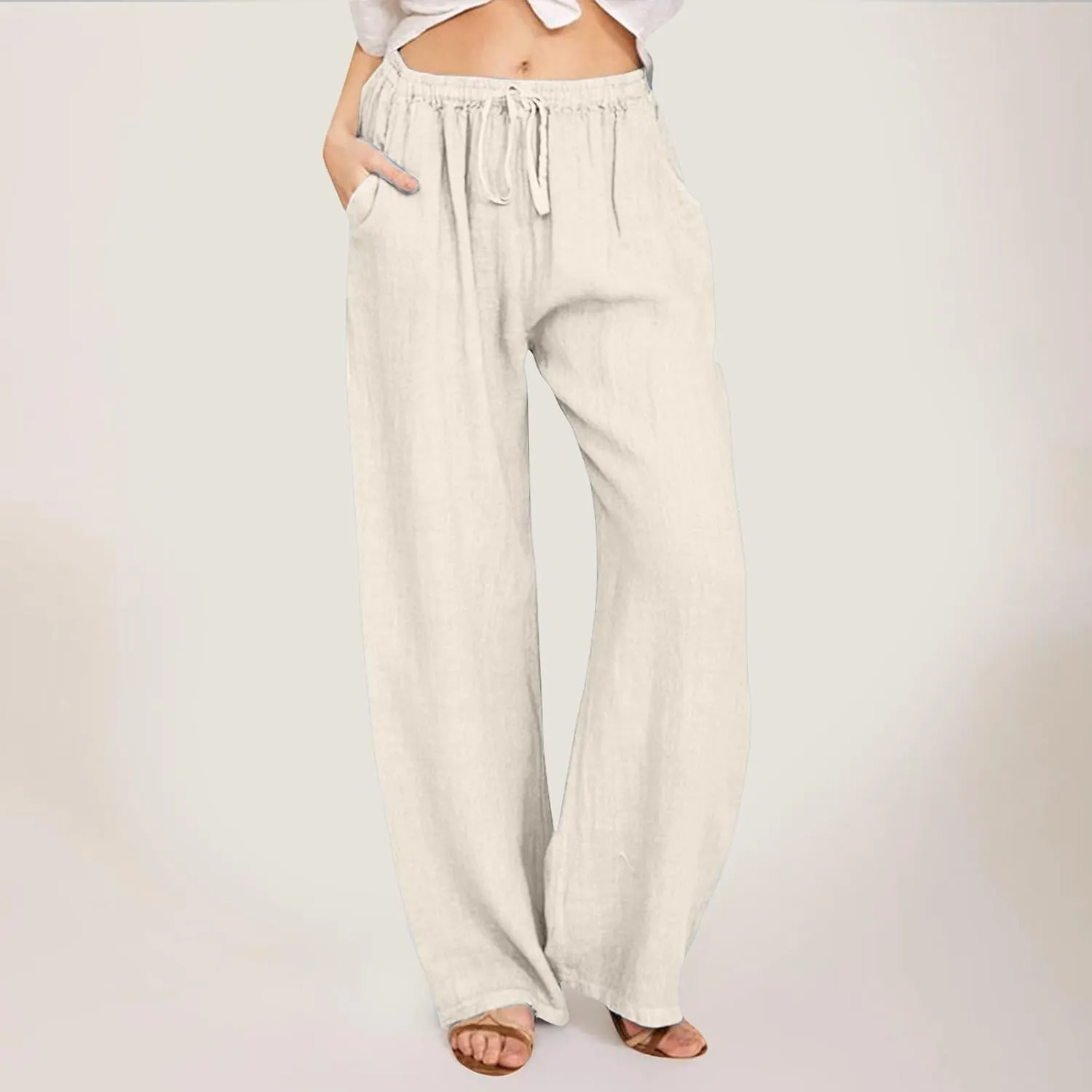 Women's Cotton and Linen Pants Dressy Loose High Waist Ruched Wide Leg Yoga Palazzo Pant Trousers with Pocket