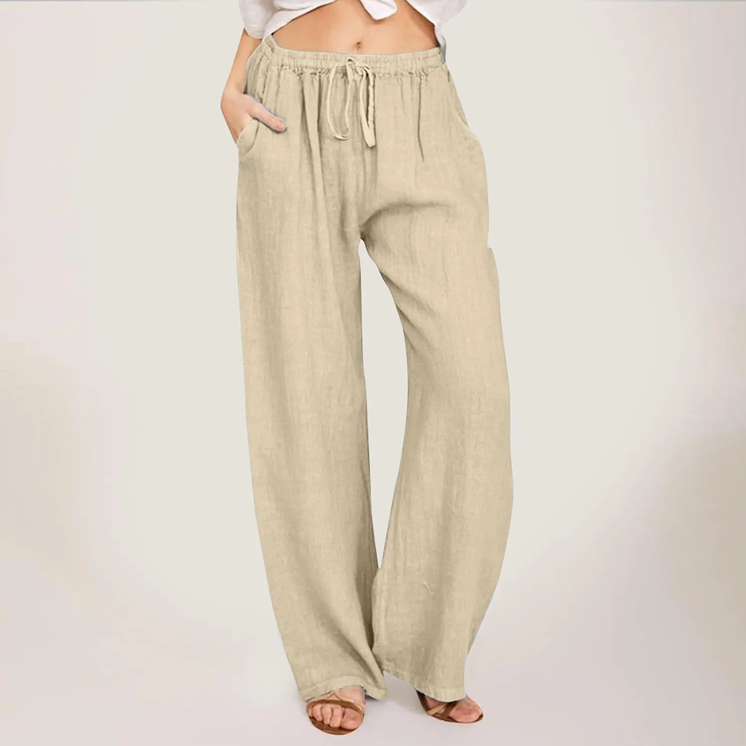Women's Cotton and Linen Pants Dressy Loose High Waist Ruched Wide Leg Yoga Palazzo Pant Trousers with Pocket