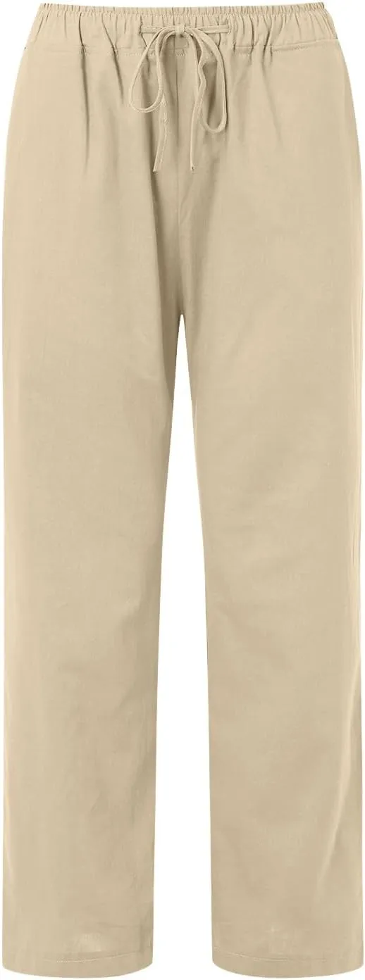 Women's Cotton and Linen Pants Dressy Loose High Waist Ruched Wide Leg Yoga Palazzo Pant Trousers with Pocket