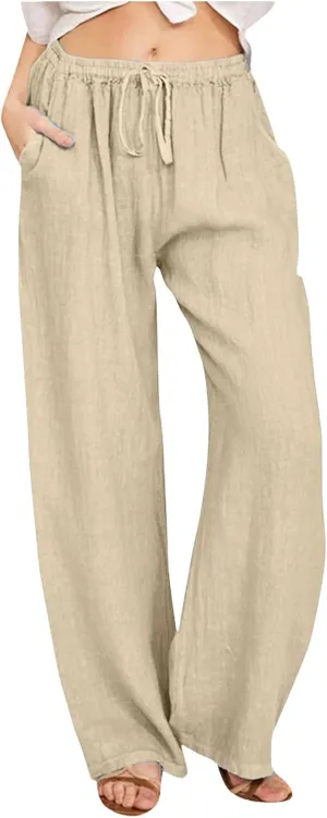 Women's Cotton and Linen Pants Dressy Loose High Waist Ruched Wide Leg Yoga Palazzo Pant Trousers with Pocket