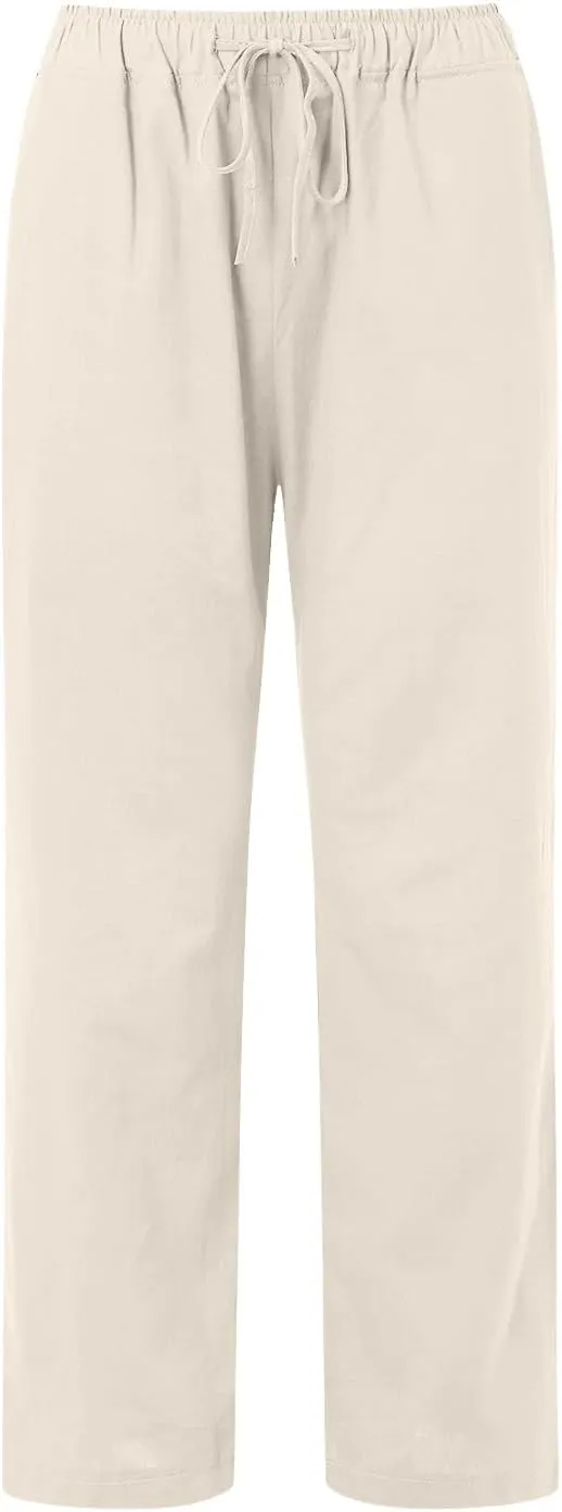 Women's Cotton and Linen Pants Dressy Loose High Waist Ruched Wide Leg Yoga Palazzo Pant Trousers with Pocket