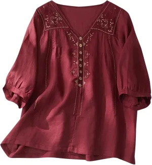 Women's Cotton Linen Shirt Boho Embroidery Peasant Tees Casual Loose Lightweight V Neck Button Down Tunic Mexico Tops