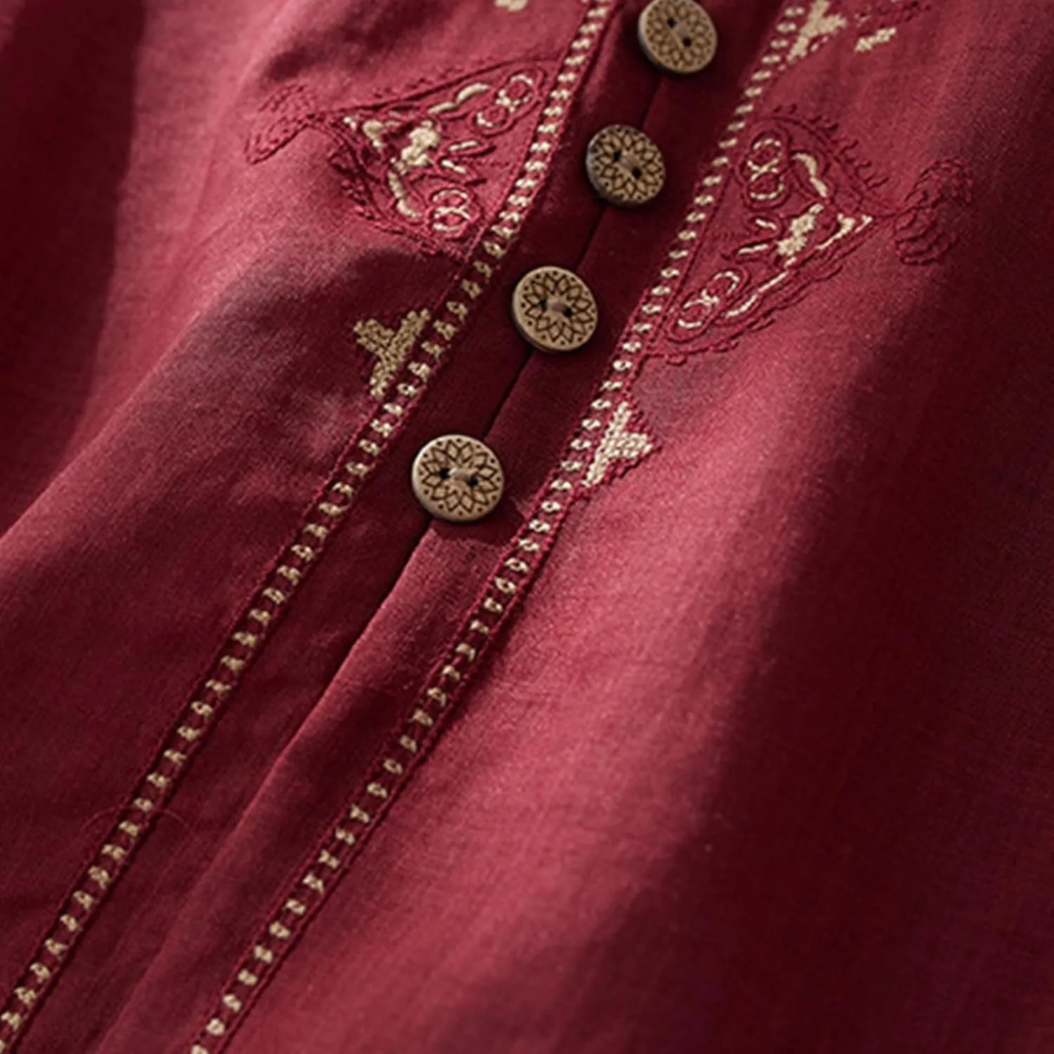 Women's Cotton Linen Shirt Boho Embroidery Peasant Tees Casual Loose Lightweight V Neck Button Down Tunic Mexico Tops