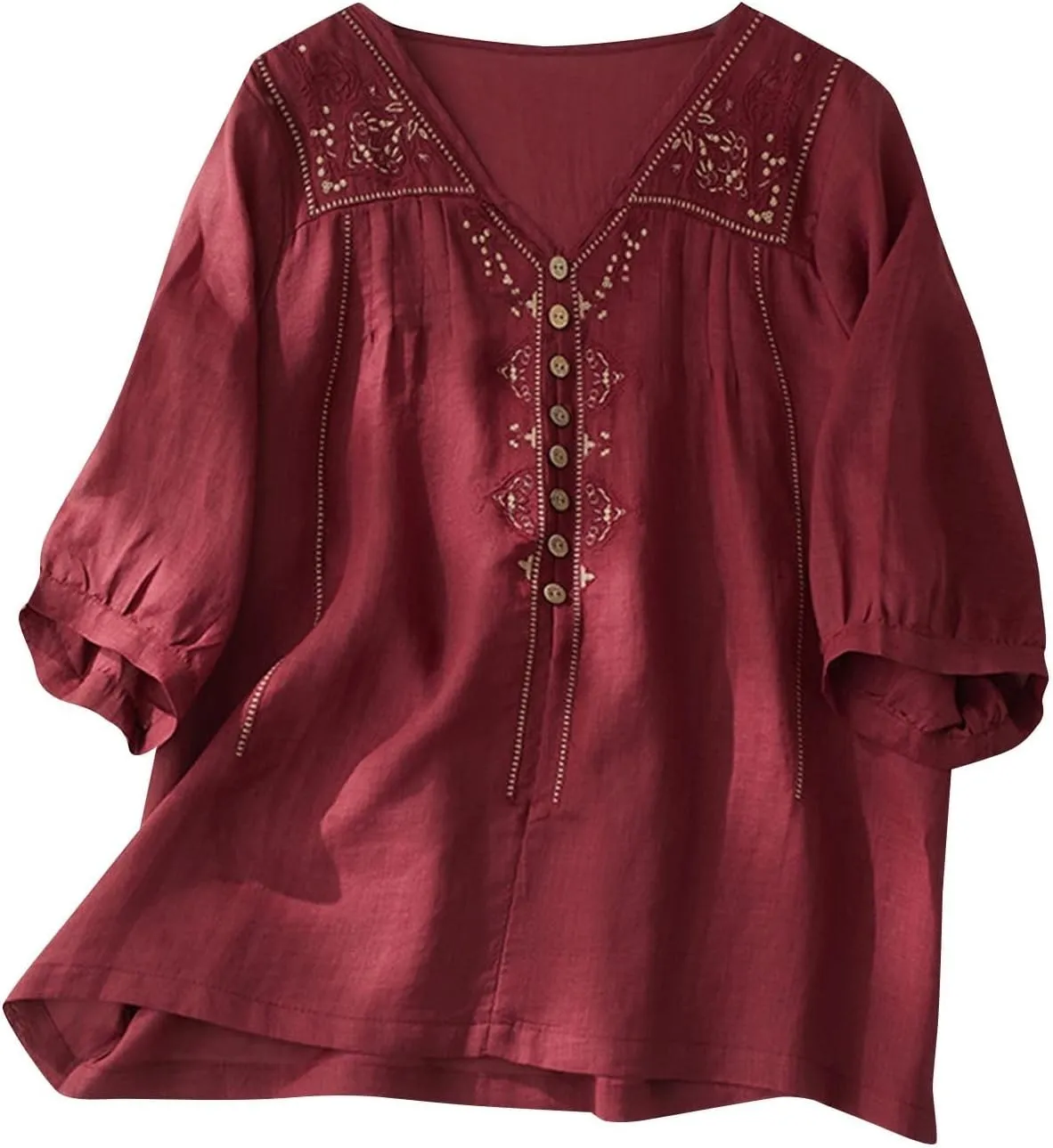 Women's Cotton Linen Shirt Boho Embroidery Peasant Tees Casual Loose Lightweight V Neck Button Down Tunic Mexico Tops