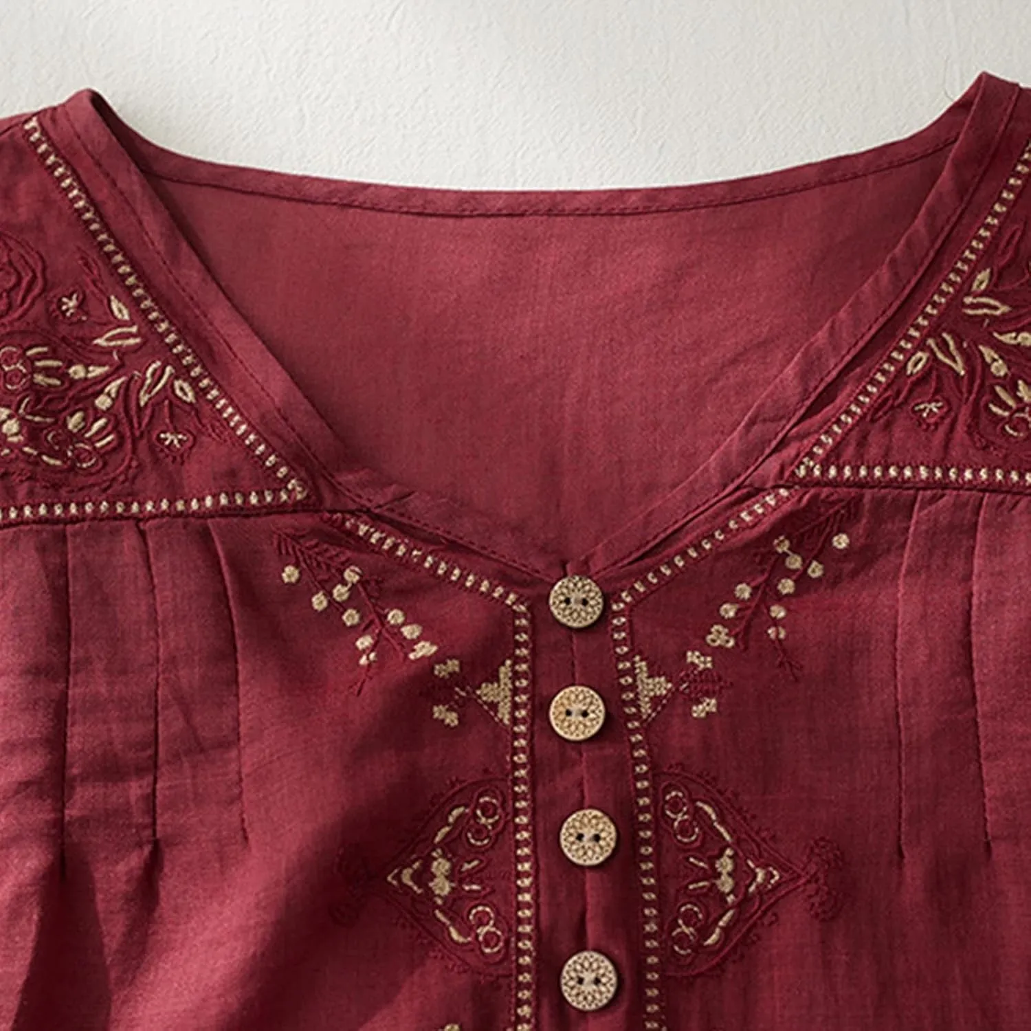 Women's Cotton Linen Shirt Boho Embroidery Peasant Tees Casual Loose Lightweight V Neck Button Down Tunic Mexico Tops