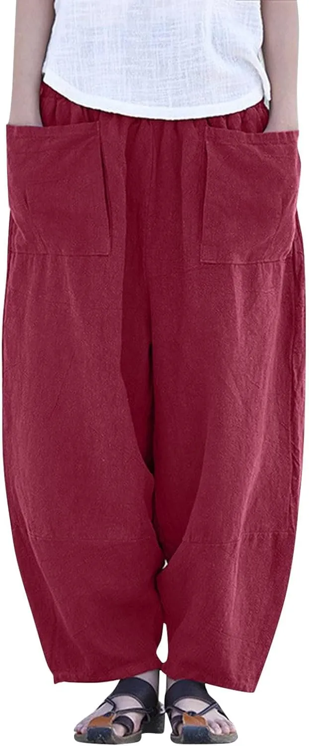 Womens Cotton Linen Summer Palazzo Pants Flowy Wide Leg Beach Pants High Waist Long Lounge Trouser with Pocket