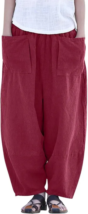 Womens Cotton Linen Summer Palazzo Pants Flowy Wide Leg Beach Pants High Waist Long Lounge Trouser with Pocket