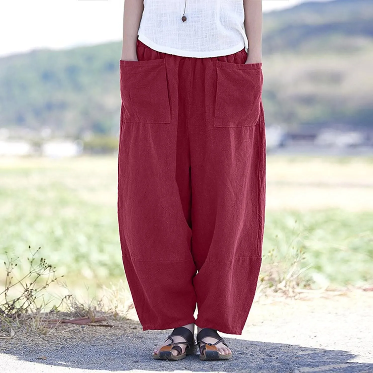 Womens Cotton Linen Summer Palazzo Pants Flowy Wide Leg Beach Pants High Waist Long Lounge Trouser with Pocket