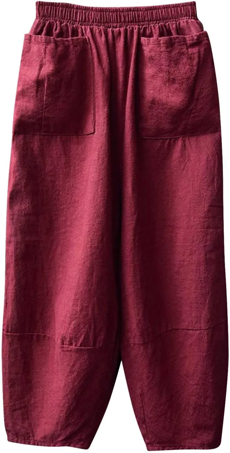 Womens Cotton Linen Summer Palazzo Pants Flowy Wide Leg Beach Pants High Waist Long Lounge Trouser with Pocket