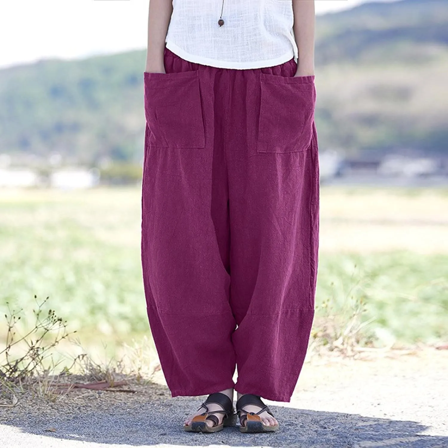 Womens Cotton Linen Summer Palazzo Pants Flowy Wide Leg Beach Pants High Waist Long Lounge Trouser with Pocket