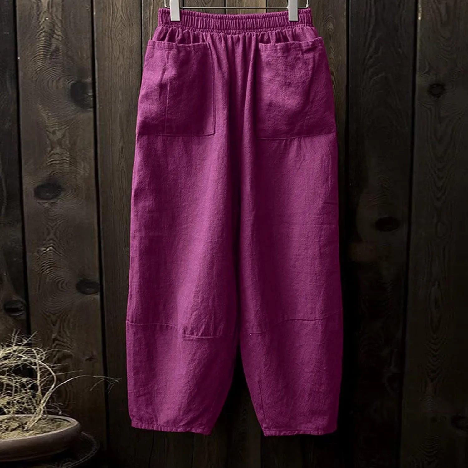 Womens Cotton Linen Summer Palazzo Pants Flowy Wide Leg Beach Pants High Waist Long Lounge Trouser with Pocket