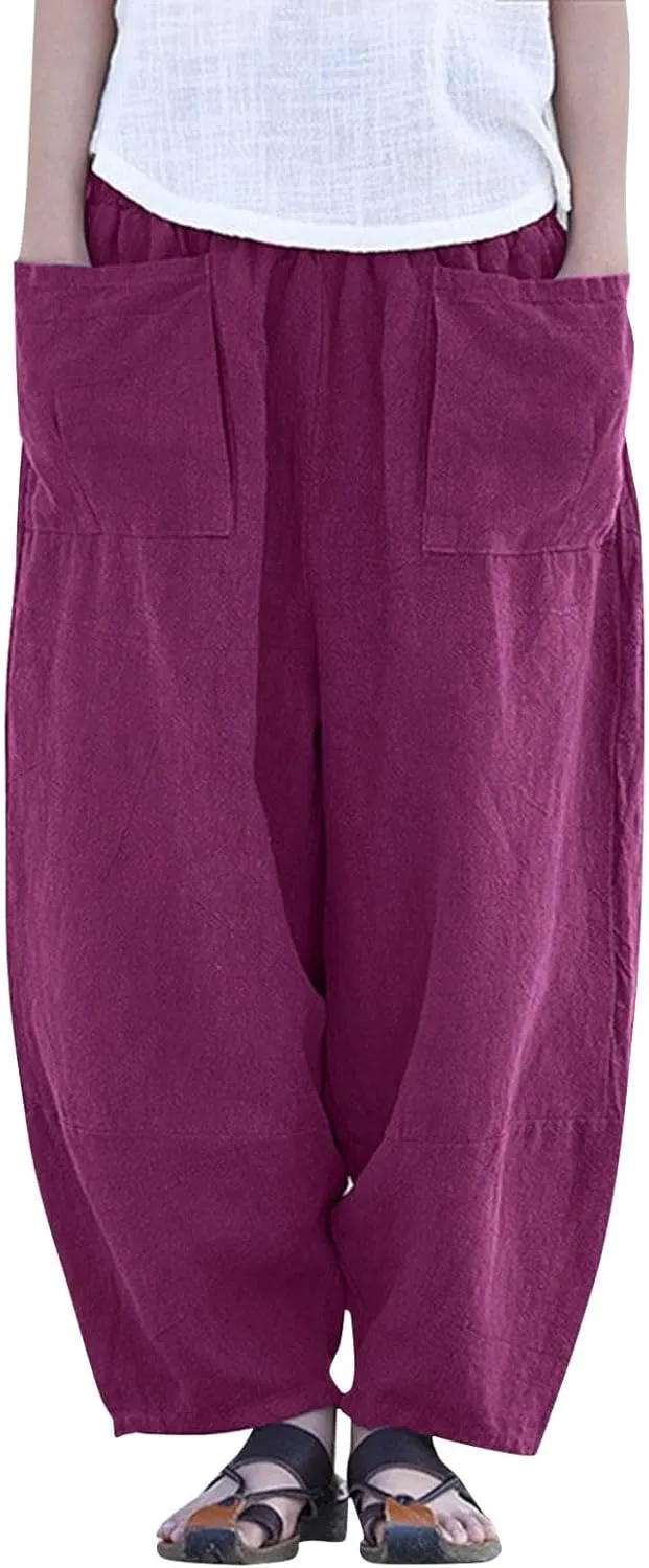 Womens Cotton Linen Summer Palazzo Pants Flowy Wide Leg Beach Pants High Waist Long Lounge Trouser with Pocket
