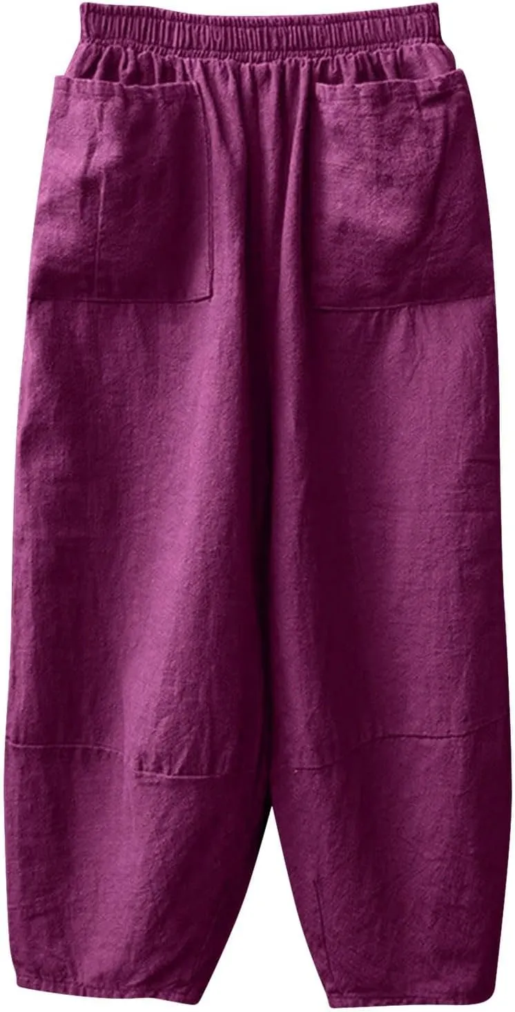 Womens Cotton Linen Summer Palazzo Pants Flowy Wide Leg Beach Pants High Waist Long Lounge Trouser with Pocket