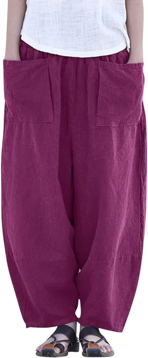 Womens Cotton Linen Summer Palazzo Pants Flowy Wide Leg Beach Pants High Waist Long Lounge Trouser with Pocket