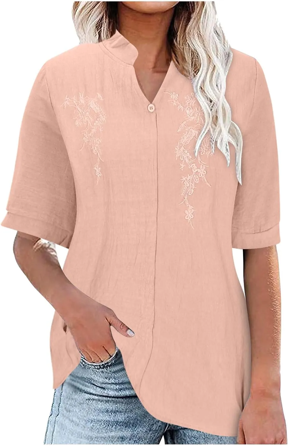 Womens Cotton Linen Summer Tops Short Sleeve Notched V Neck Tshirts Casual Loose Fit Cute Tees Soft Cmofy Shirts