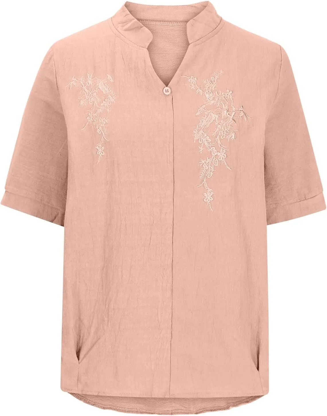 Womens Cotton Linen Summer Tops Short Sleeve Notched V Neck Tshirts Casual Loose Fit Cute Tees Soft Cmofy Shirts