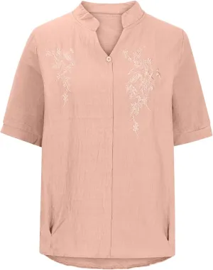 Womens Cotton Linen Summer Tops Short Sleeve Notched V Neck Tshirts Casual Loose Fit Cute Tees Soft Cmofy Shirts