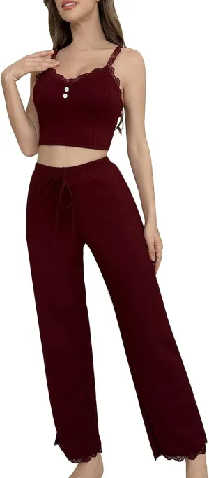 Women's Cute Pajama Set Sleeveless Lace Trim Cami Top with Pants PJ Set Ribbed Knit Sleepwear Two Piece Loungewear