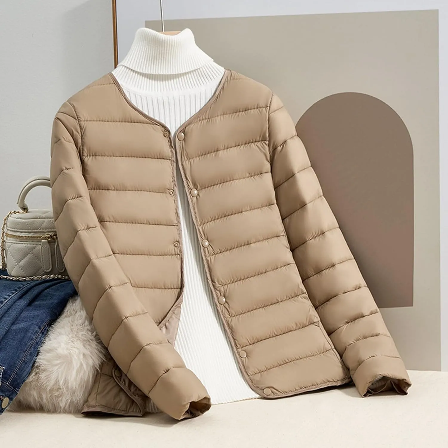 Women's Down Jacket, Water-Resistant Puffer Jacket Fall Coat with Round Neck&V-Neck