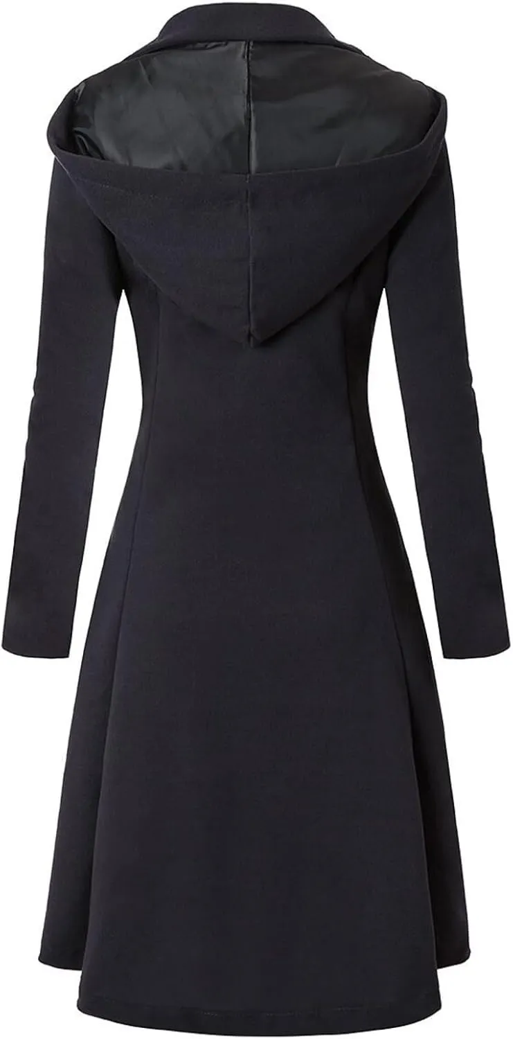 Women's elegant pea coat Gothic asymmetric hem dress Ruffled high-low coat Wool long trench coat Outerwear