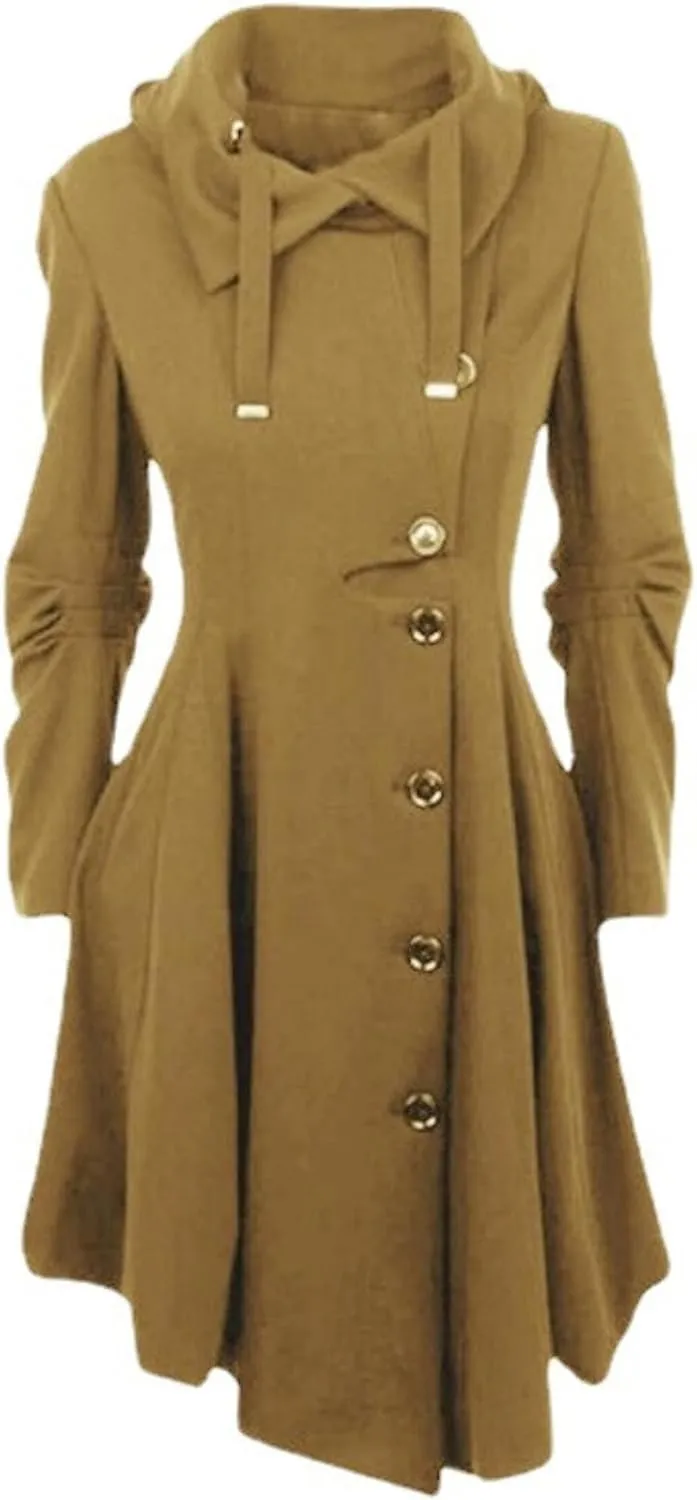 Women's elegant pea coat Gothic asymmetric hem dress Ruffled high-low coat Wool long trench coat Outerwear